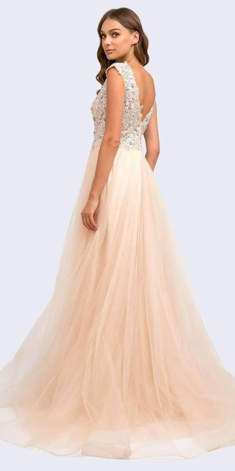 Juliet 684 Cap Sleeved Long Formal Dress with Appliques