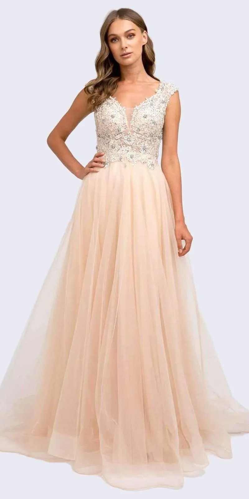 Juliet 684 Cap Sleeved Long Formal Dress with Appliques