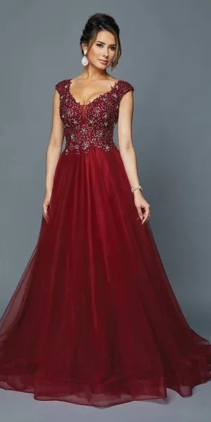 Juliet 684 Cap Sleeved Long Formal Dress with Appliques