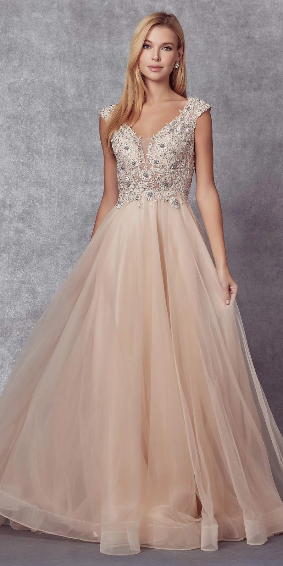 Juliet 684 Cap Sleeved Long Formal Dress with Appliques