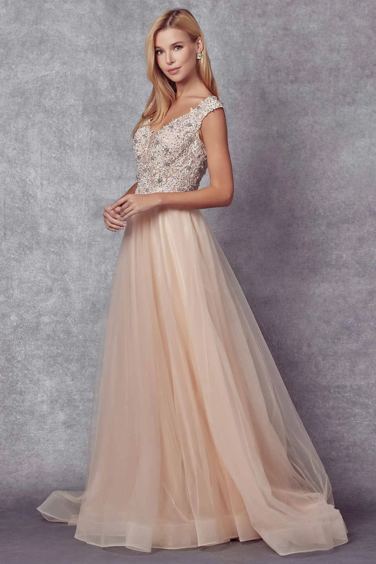 Juliet 684 Cap Sleeved Long Formal Dress with Appliques