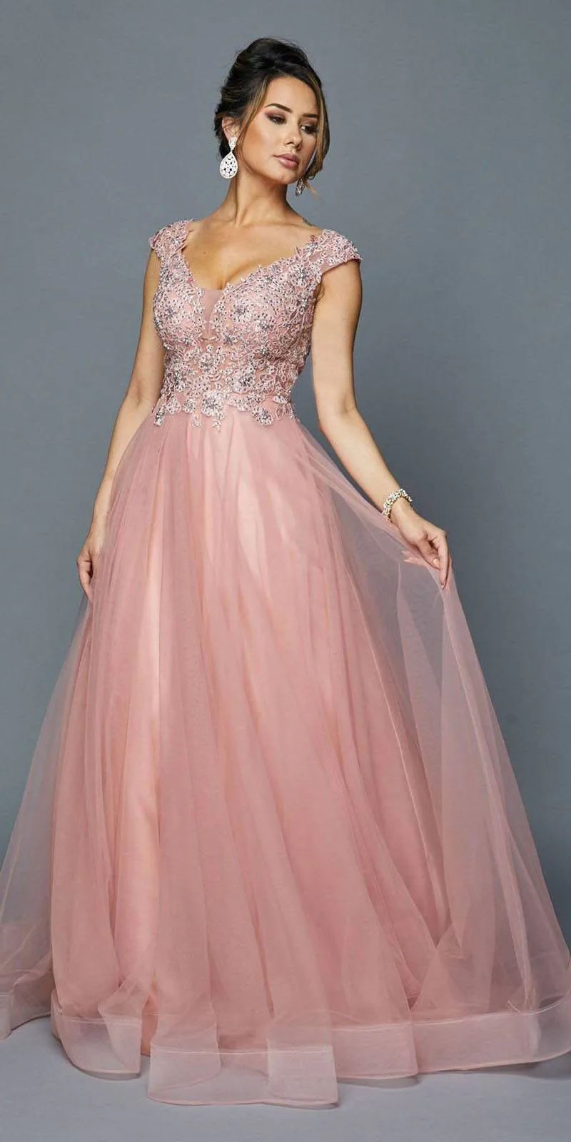 Juliet 684 Cap Sleeved Long Formal Dress with Appliques