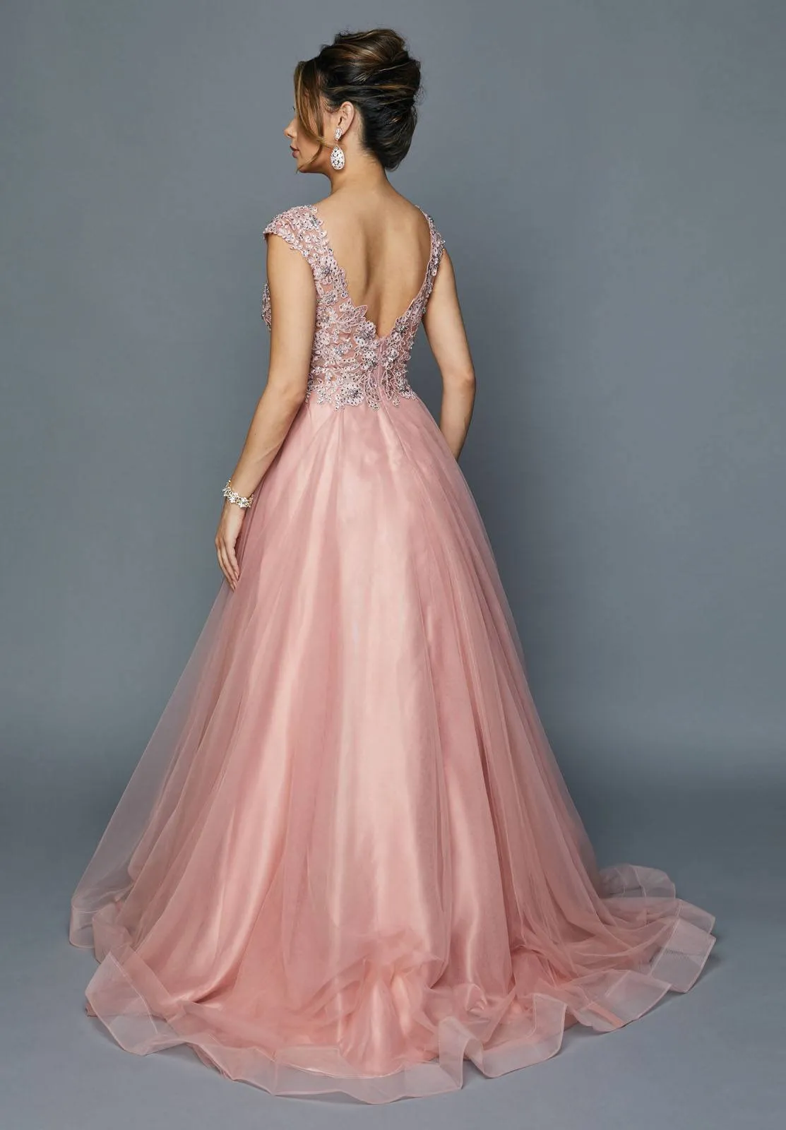 Juliet 684 Cap Sleeved Long Formal Dress with Appliques