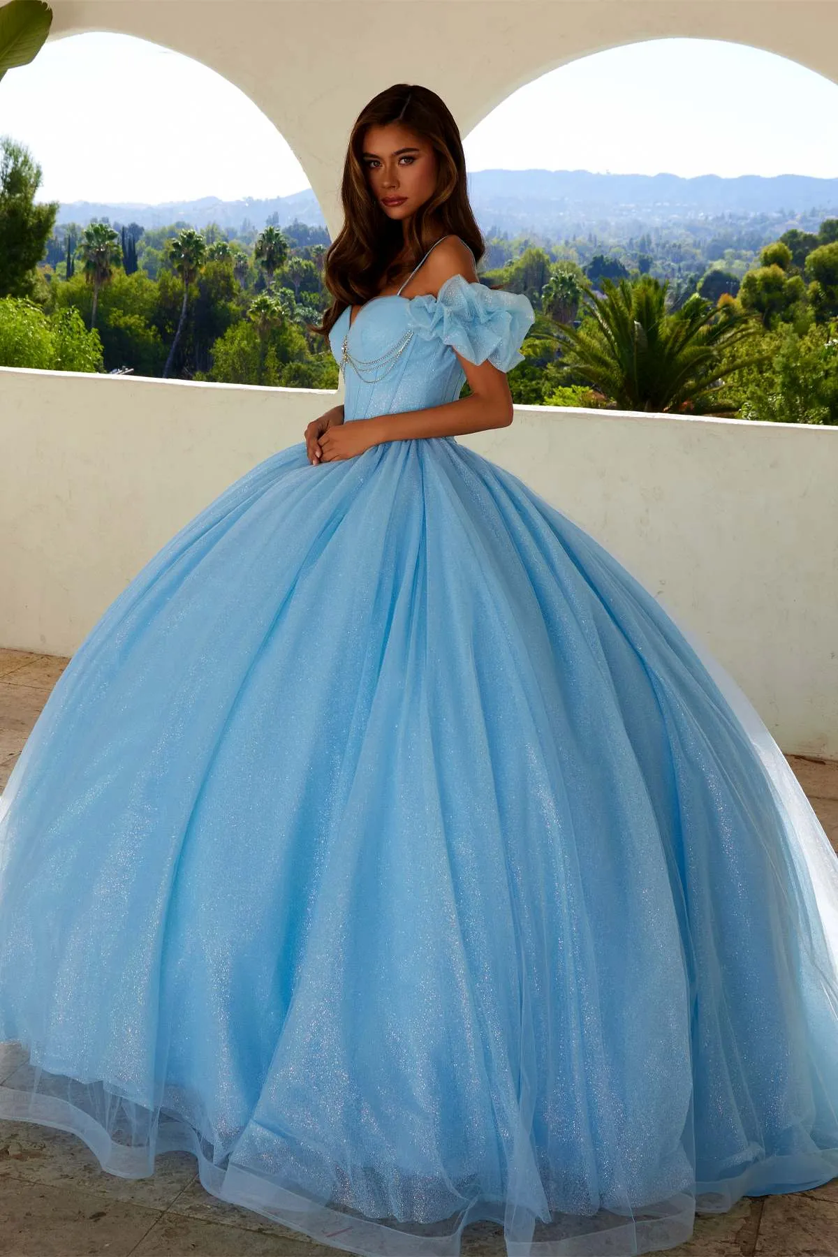 Juliet JT1487H Cold Shoulder quinceanera Ball Gown