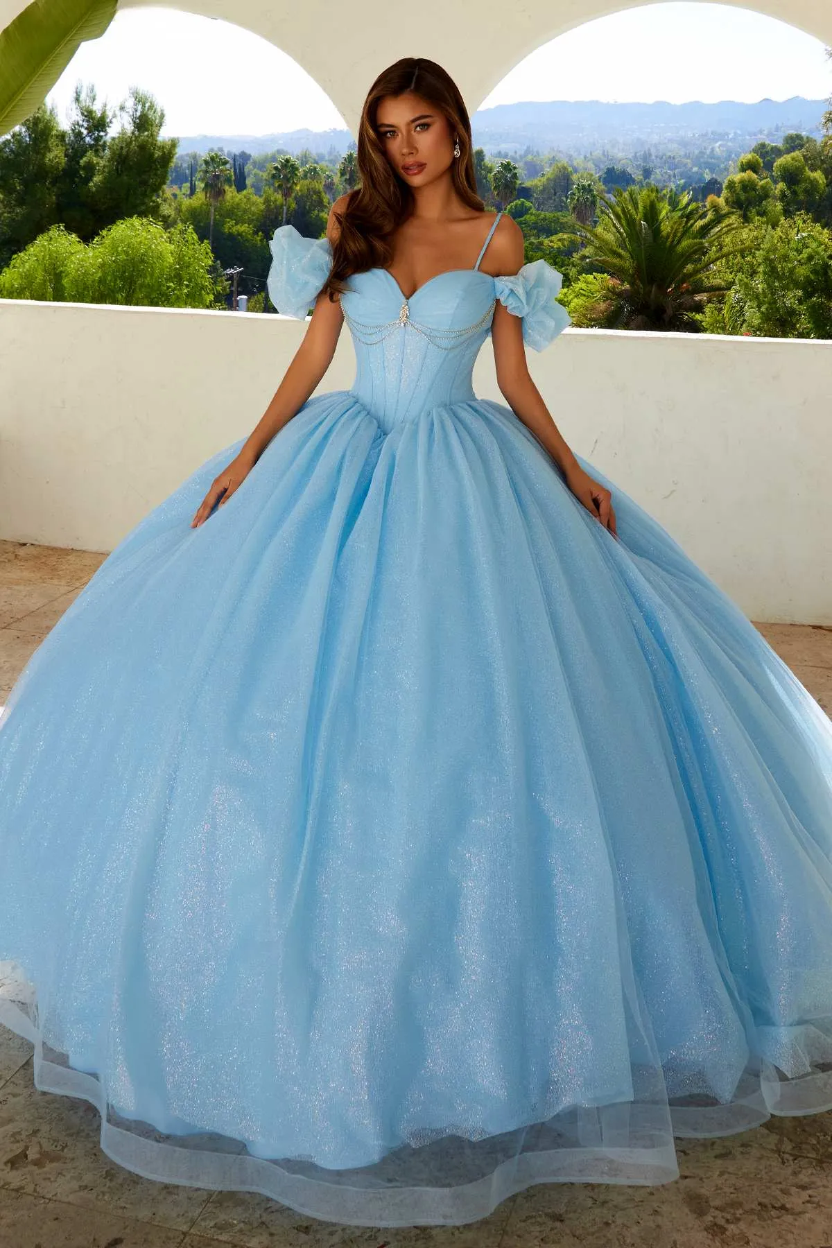 Juliet JT1487H Cold Shoulder quinceanera Ball Gown