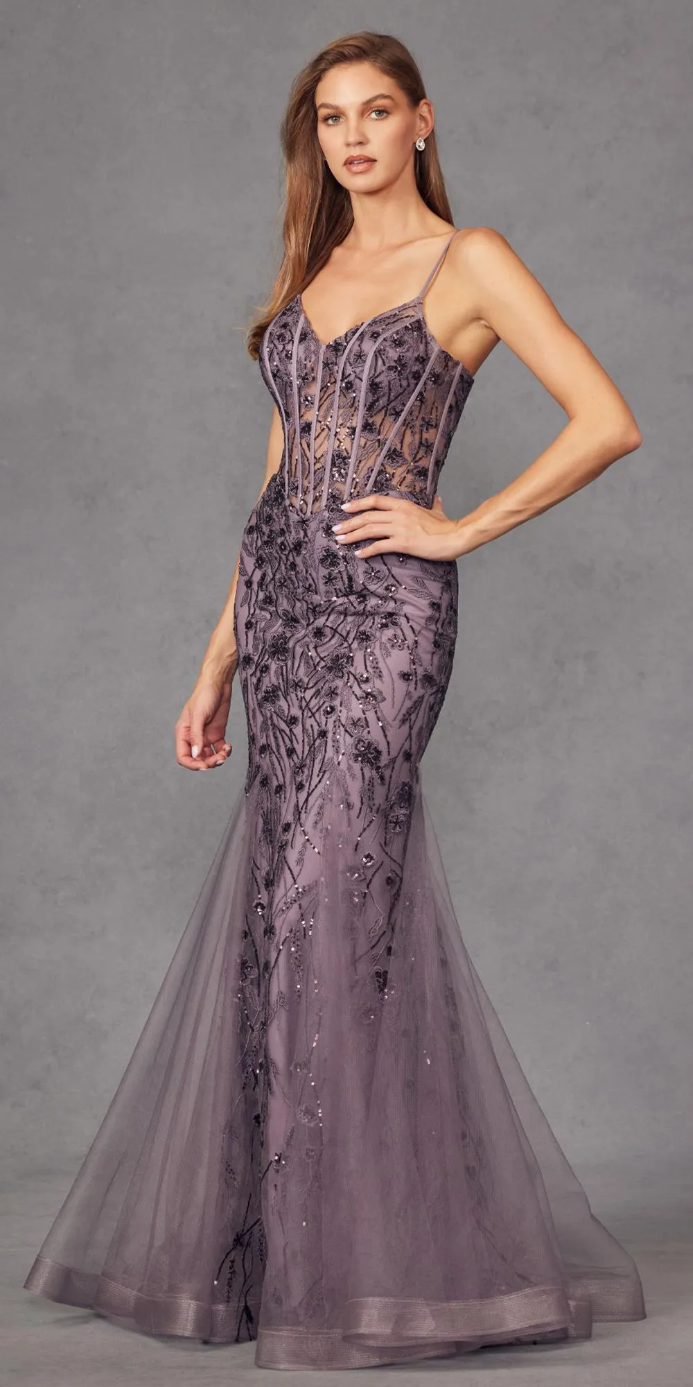 Juliet JT2441S Long Corset Bodice Embellished Sleeveless Mermaid Dress