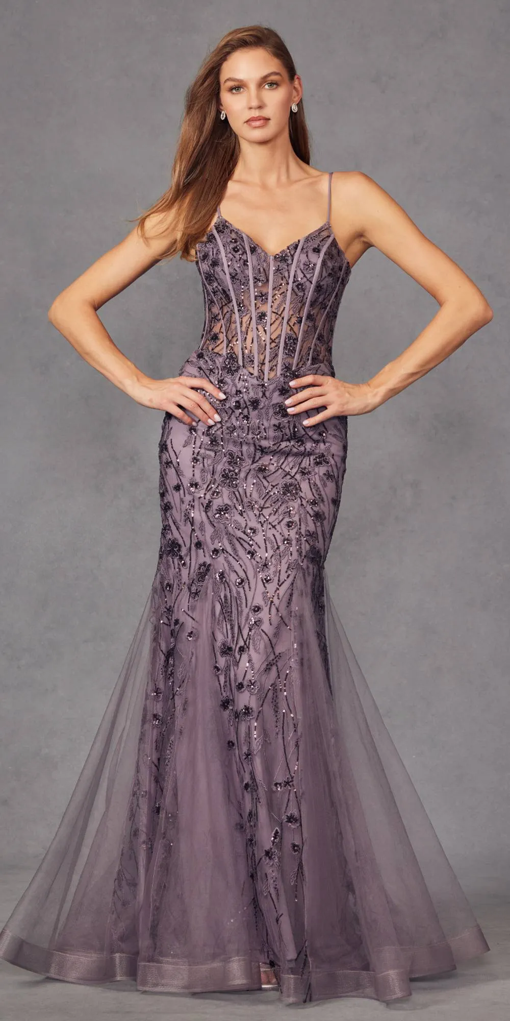 Juliet JT2441S Long Corset Bodice Embellished Sleeveless Mermaid Dress
