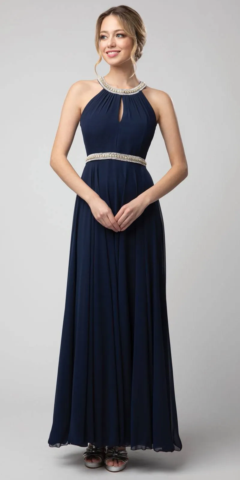 Juno 1054 Halter Long Dress with Keyhole Neckline