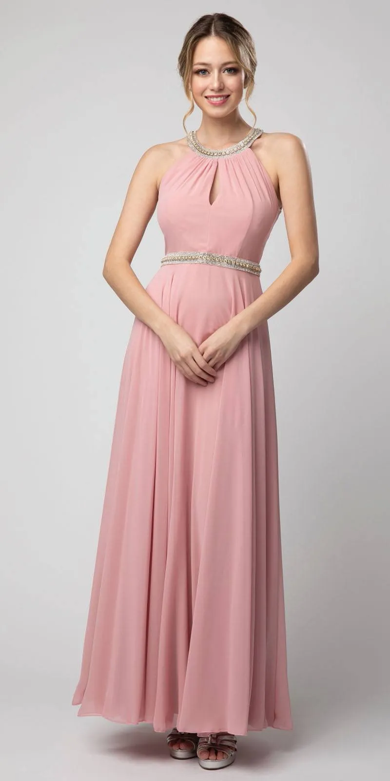 Juno 1054 Halter Long Dress with Keyhole Neckline