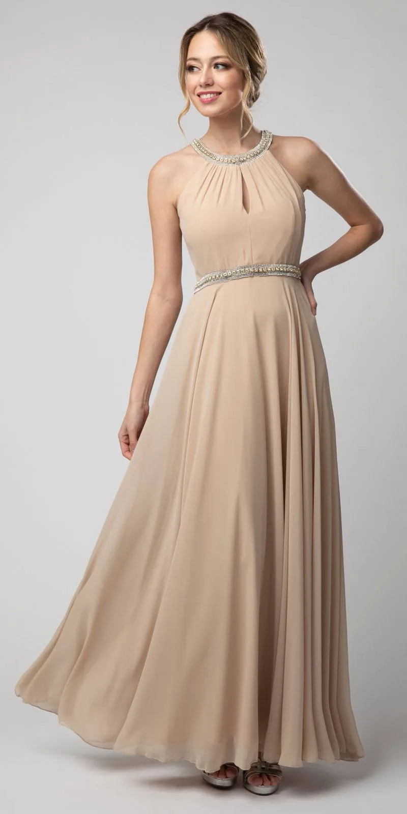 Juno 1054 Halter Long Dress with Keyhole Neckline