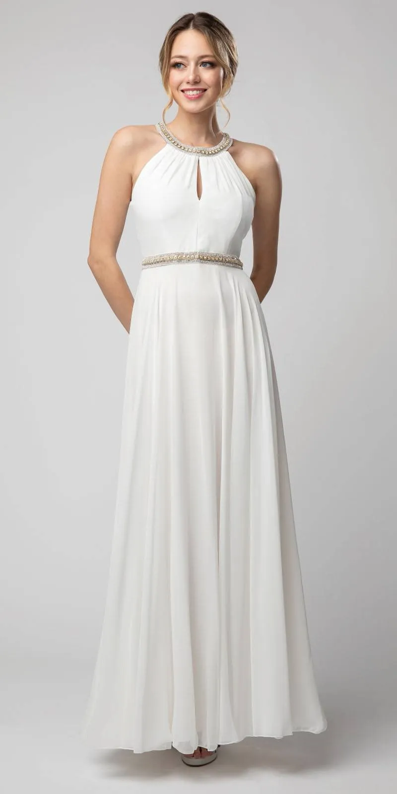 Juno 1054 Halter Long Dress with Keyhole Neckline