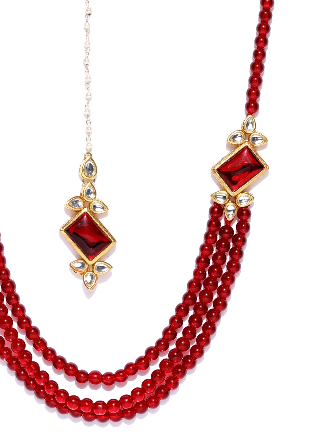 Karatcart Red Gold-Plated Handcrafted Kundan Rani Haar Necklace Set