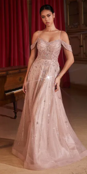 Ladivine CB147 Long Beaded Embellished A-Line Tulle Gown