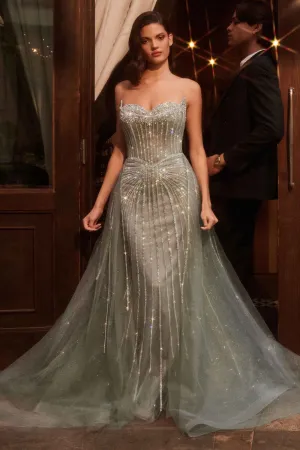 Ladivine CB158 Strapless Crystal Embellished Gown With Overskirt
