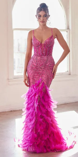 Ladivine CC2308 Long Fully Embellished and Feather Mermaid Gown