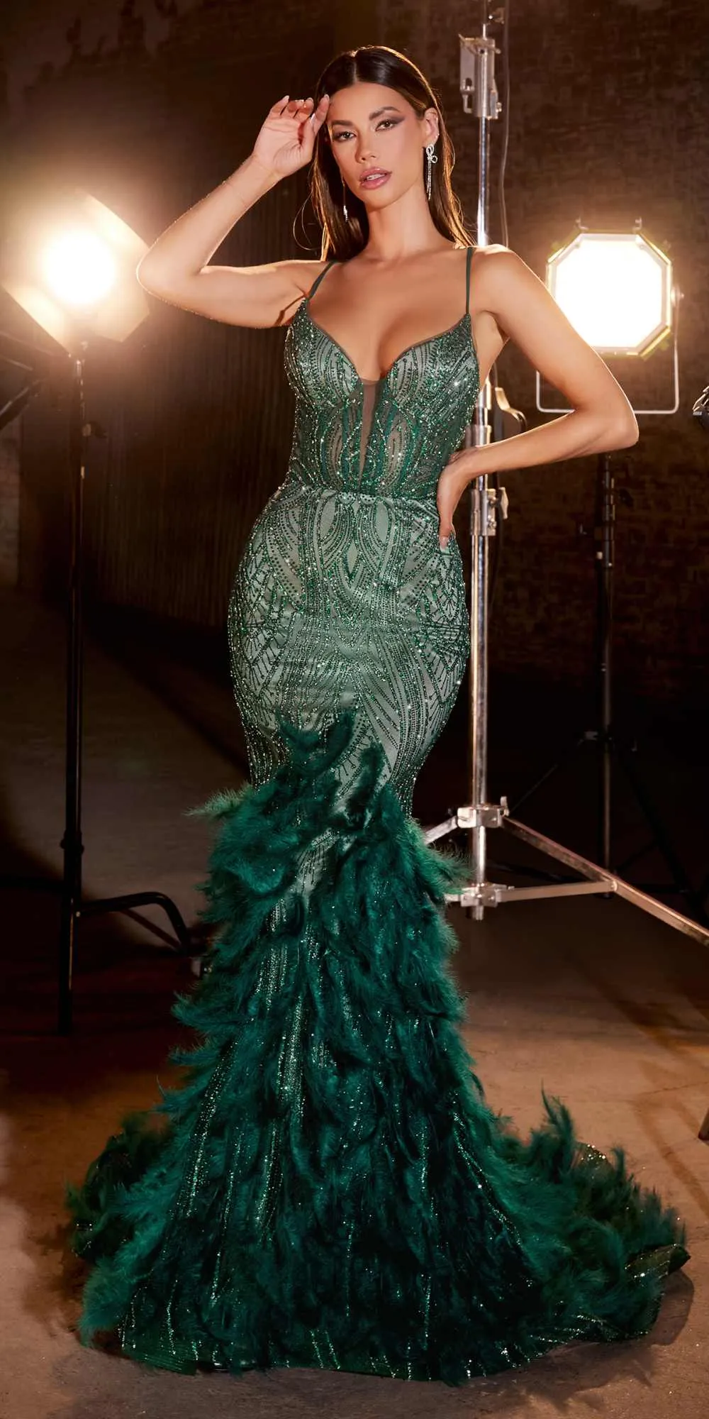 Ladivine CC2308 Long Fully Embellished and Feather Mermaid Gown