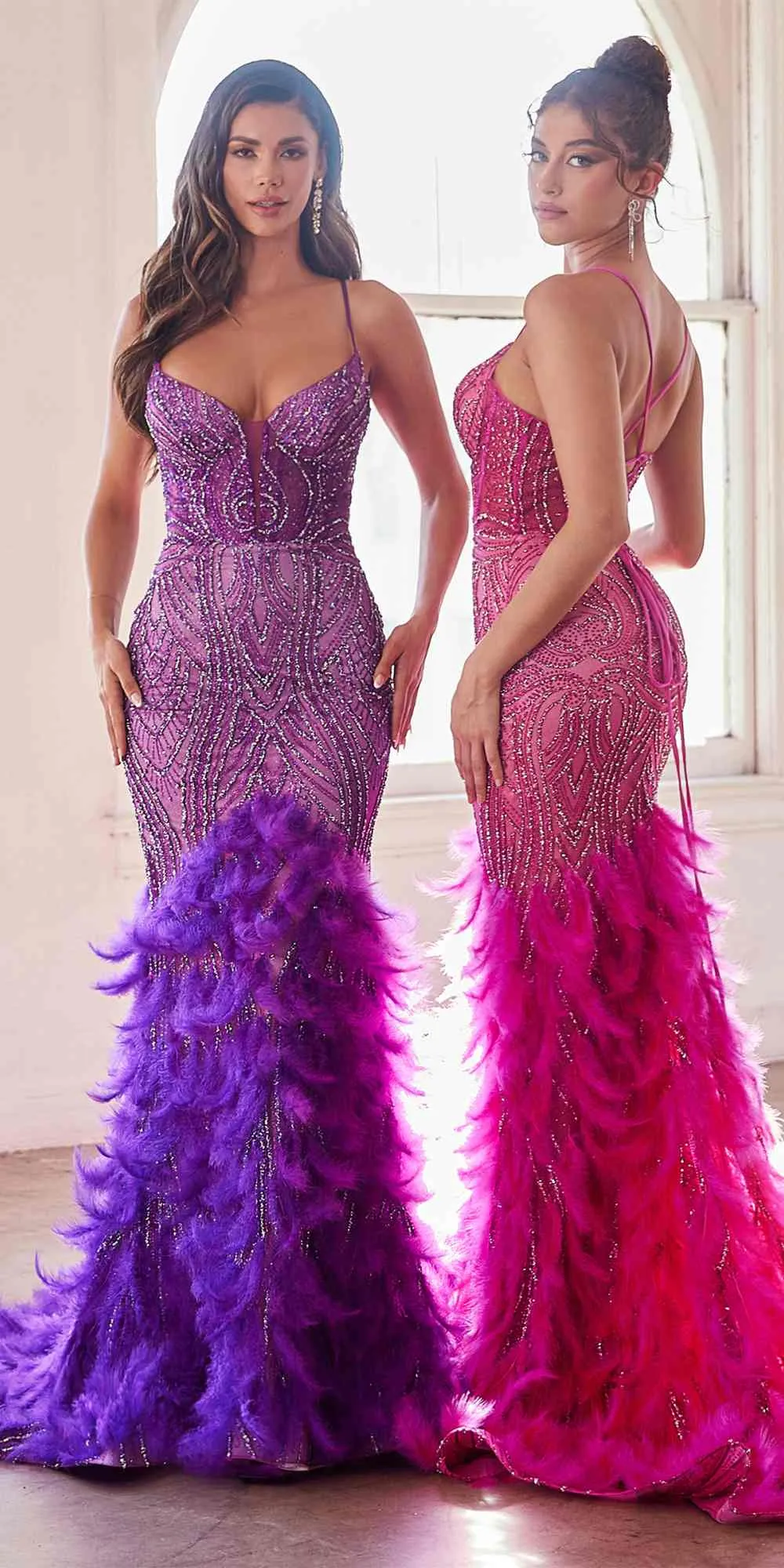 Ladivine CC2308 Long Fully Embellished and Feather Mermaid Gown