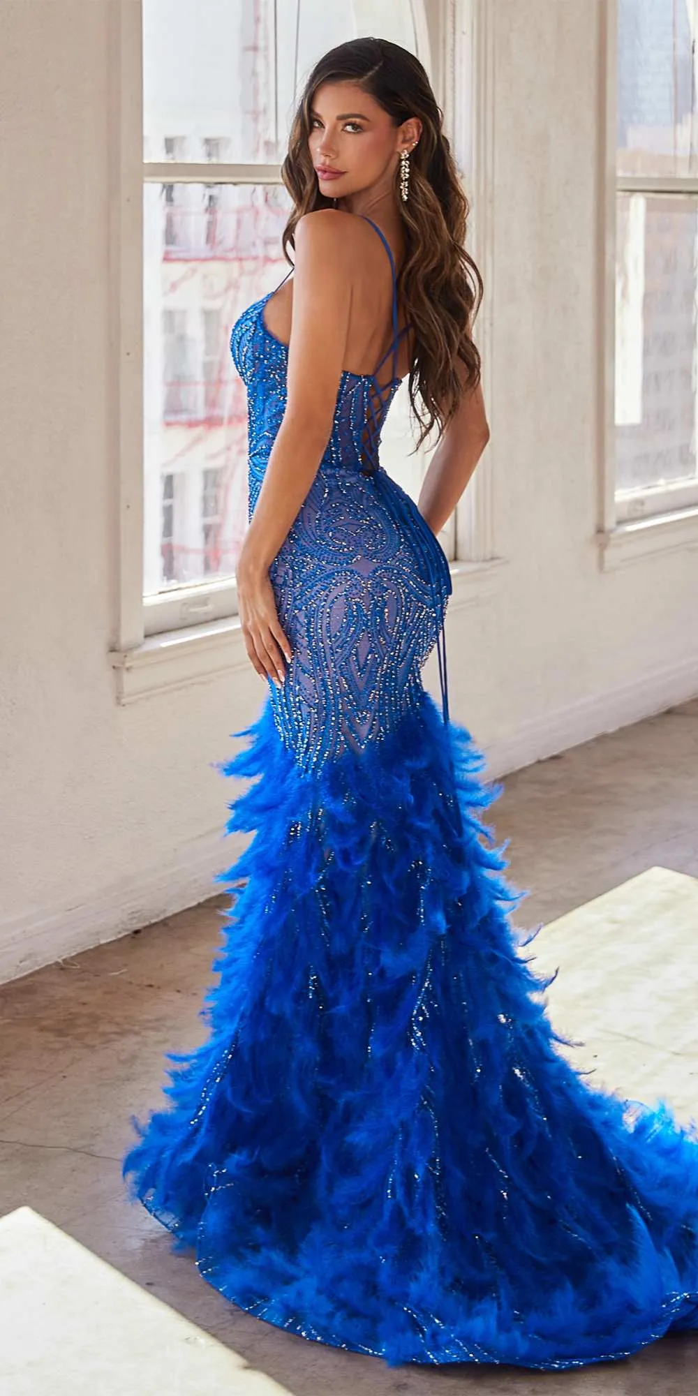 Ladivine CC2308 Long Fully Embellished and Feather Mermaid Gown