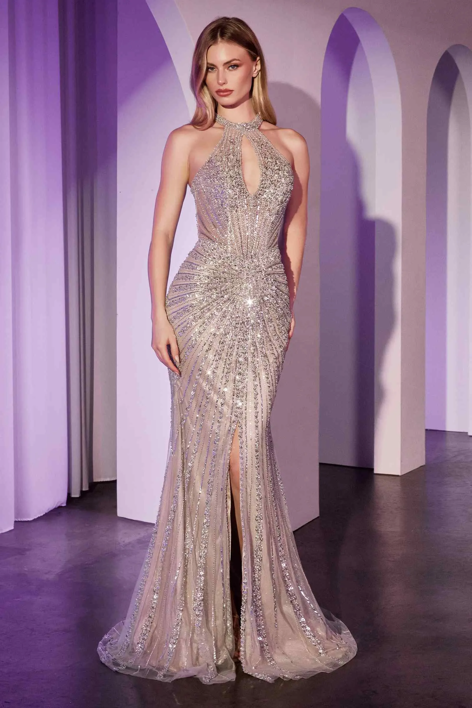 Ladivine CC404 Dress Sequin Embellished Halter Fitted Gown