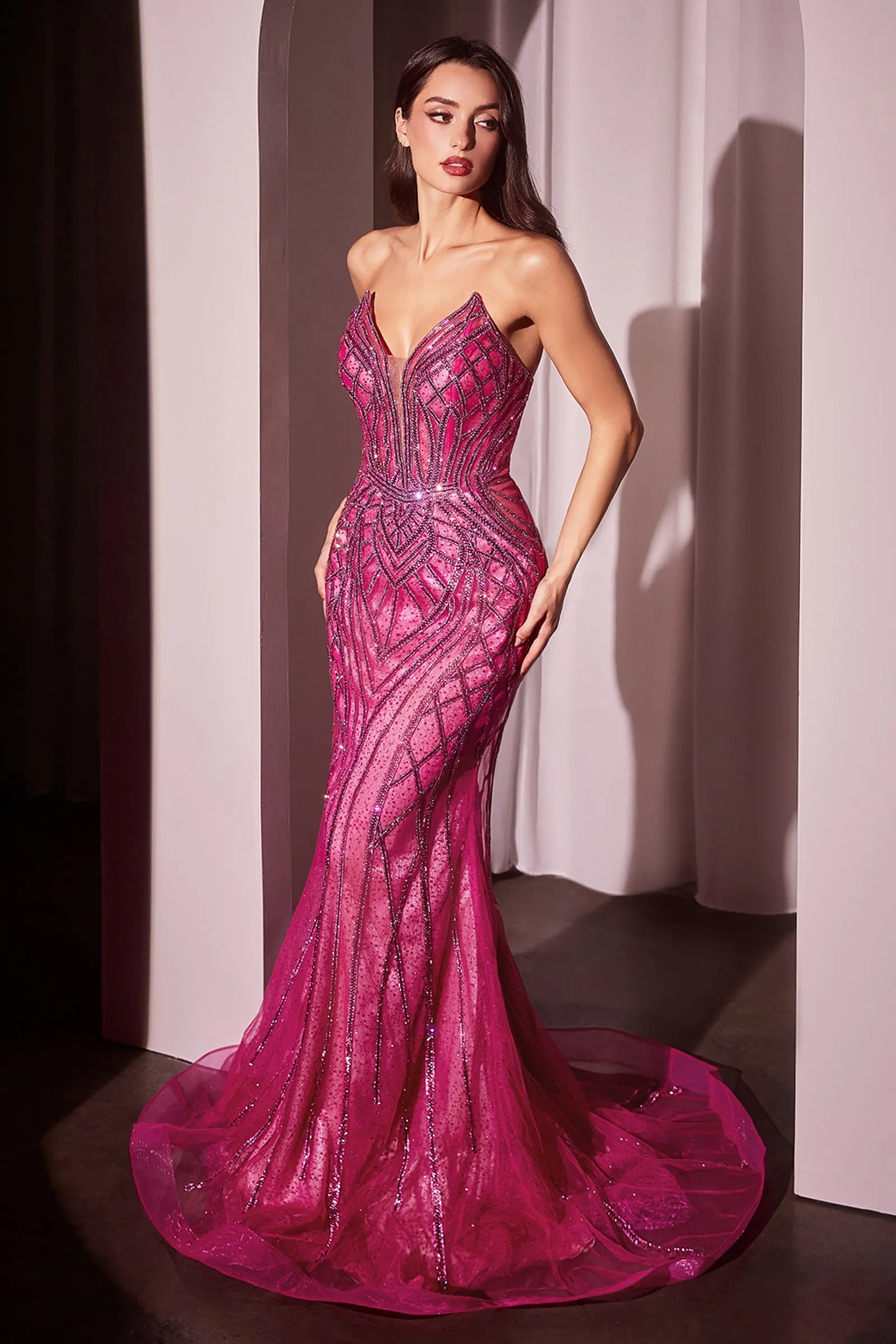 Ladivine CC6018 Long Strapless Rhinestone Embellished Mermaid Gown