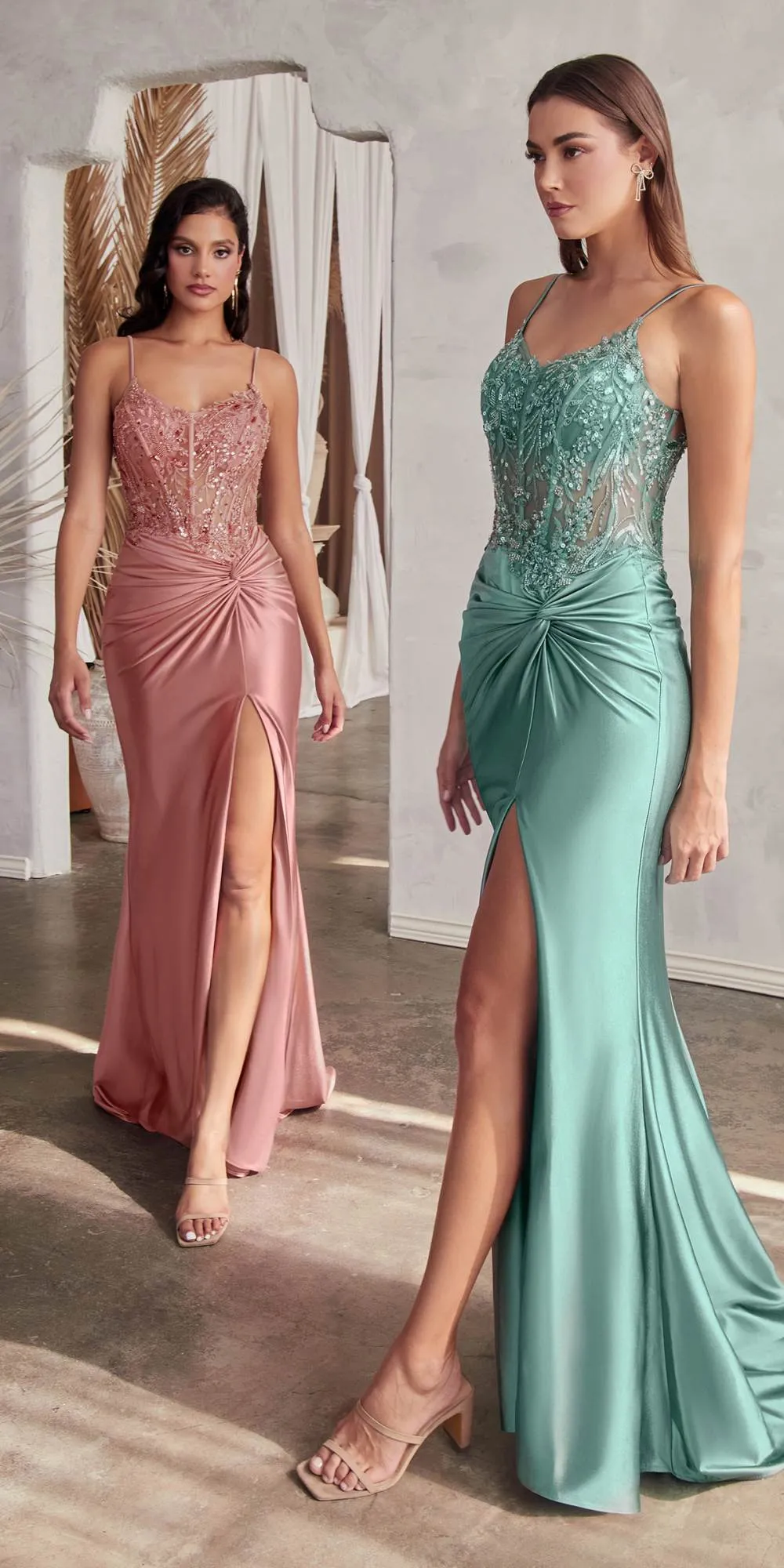 Ladivine CD0176 Long Fitted Satin Gown Sheer Embellished Boned Bodice