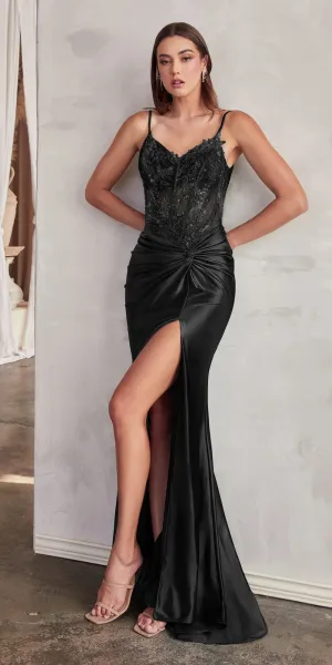 Ladivine CD0176 Long Fitted Satin Gown Sheer Embellished Boned Bodice