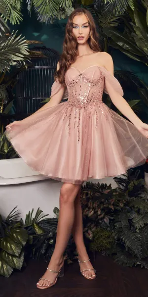 Ladivine CD0211 Off The Shoulder Embellished A-Line Short Corset Bodice Dress