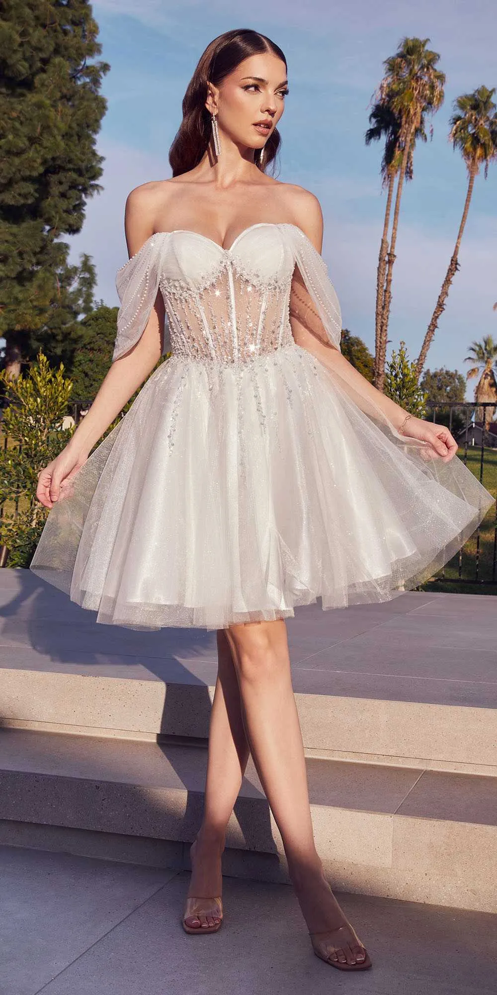 Ladivine CD0211 Off The Shoulder Embellished A-Line Short Corset Bodice Dress