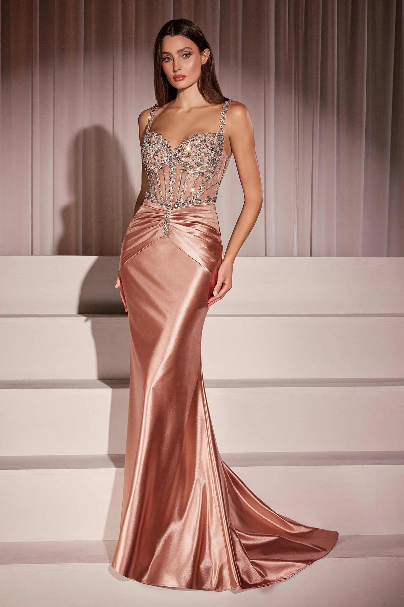 Ladivine CD757 Dress Crystal Embellished Fitted Satin Gown
