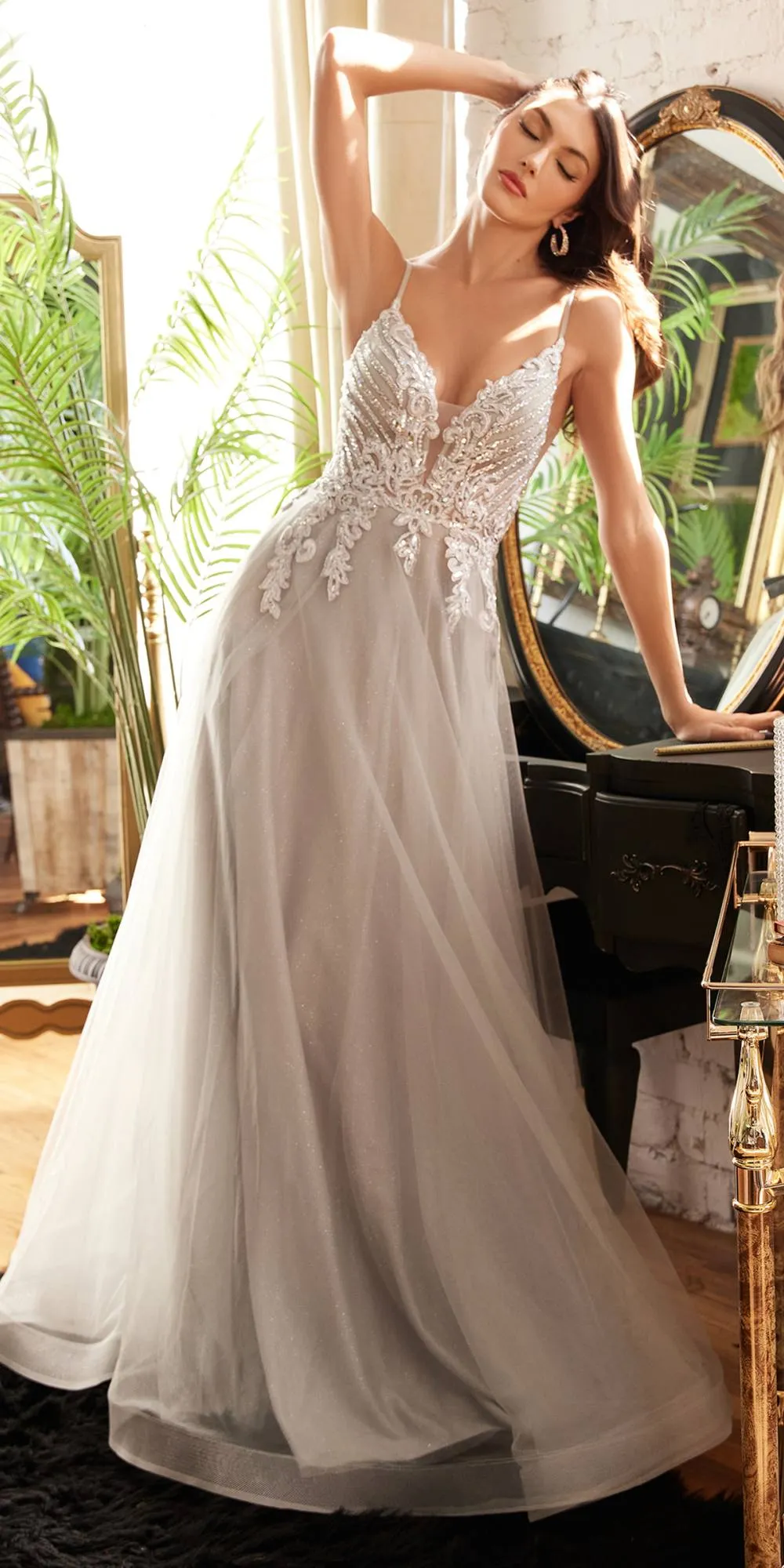 Ladivine CD874 Floor Length A-Line Tulle Gown Embellished Bodice