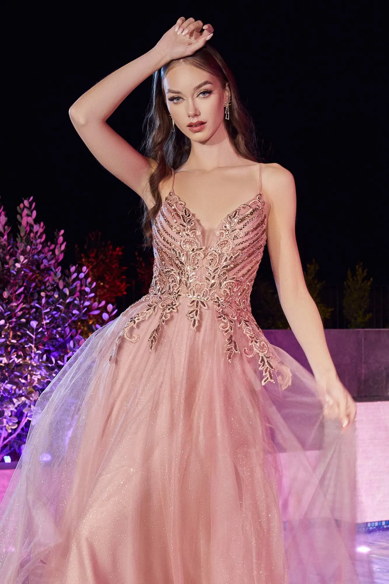 Ladivine CD874 Floor Length A-Line Tulle Gown Embellished Bodice