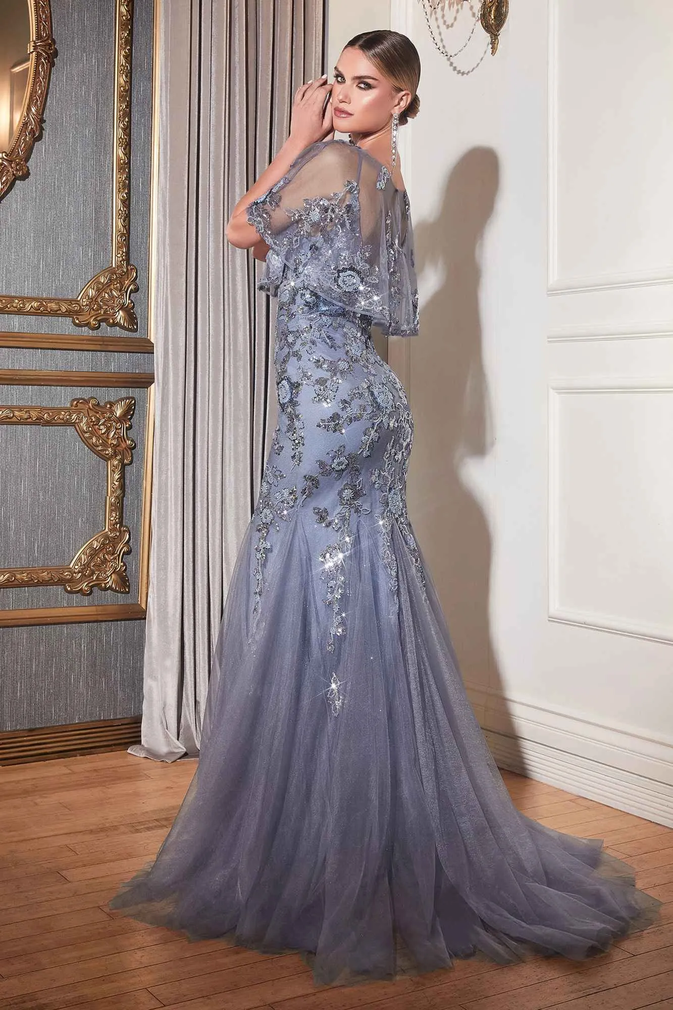 Ladivine CDS438 Long Beaded Mermaid Gown Removable Short Sleeve Capelet
