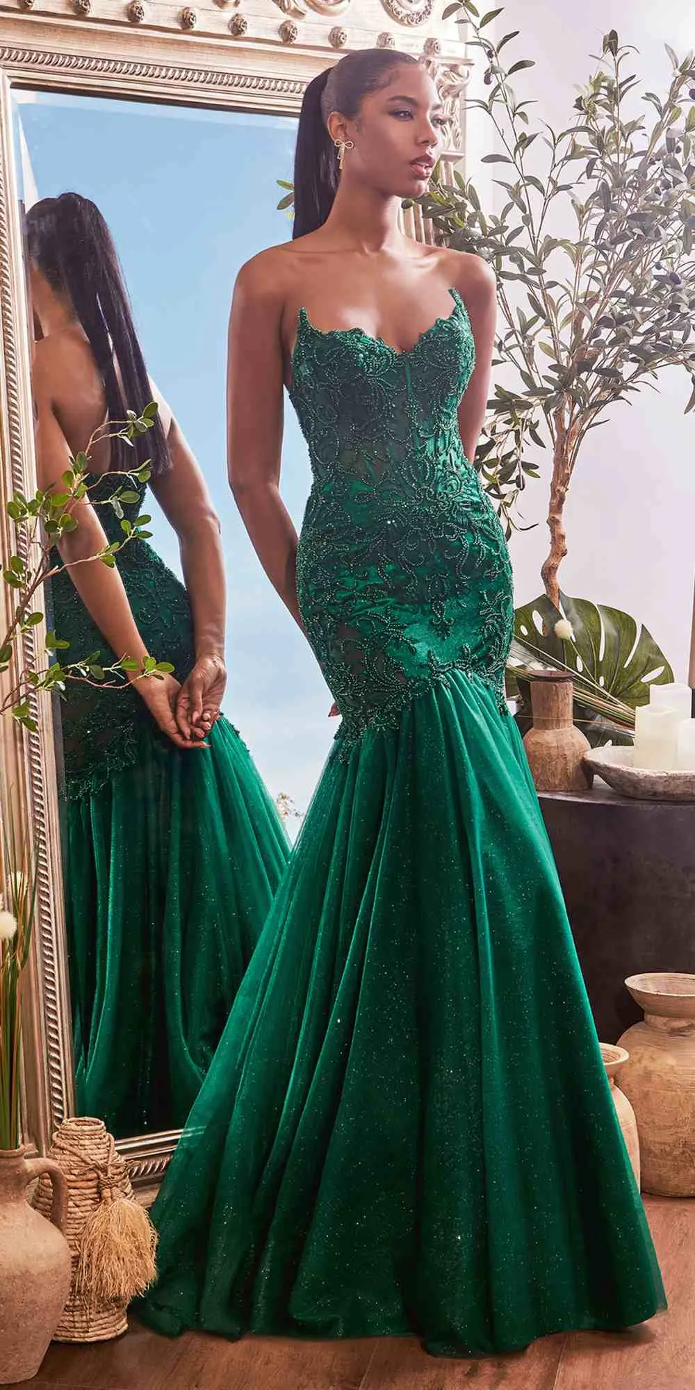 Ladivine CDS482 Long Fitted Strapless Lace and Tulle Mermaid Gown