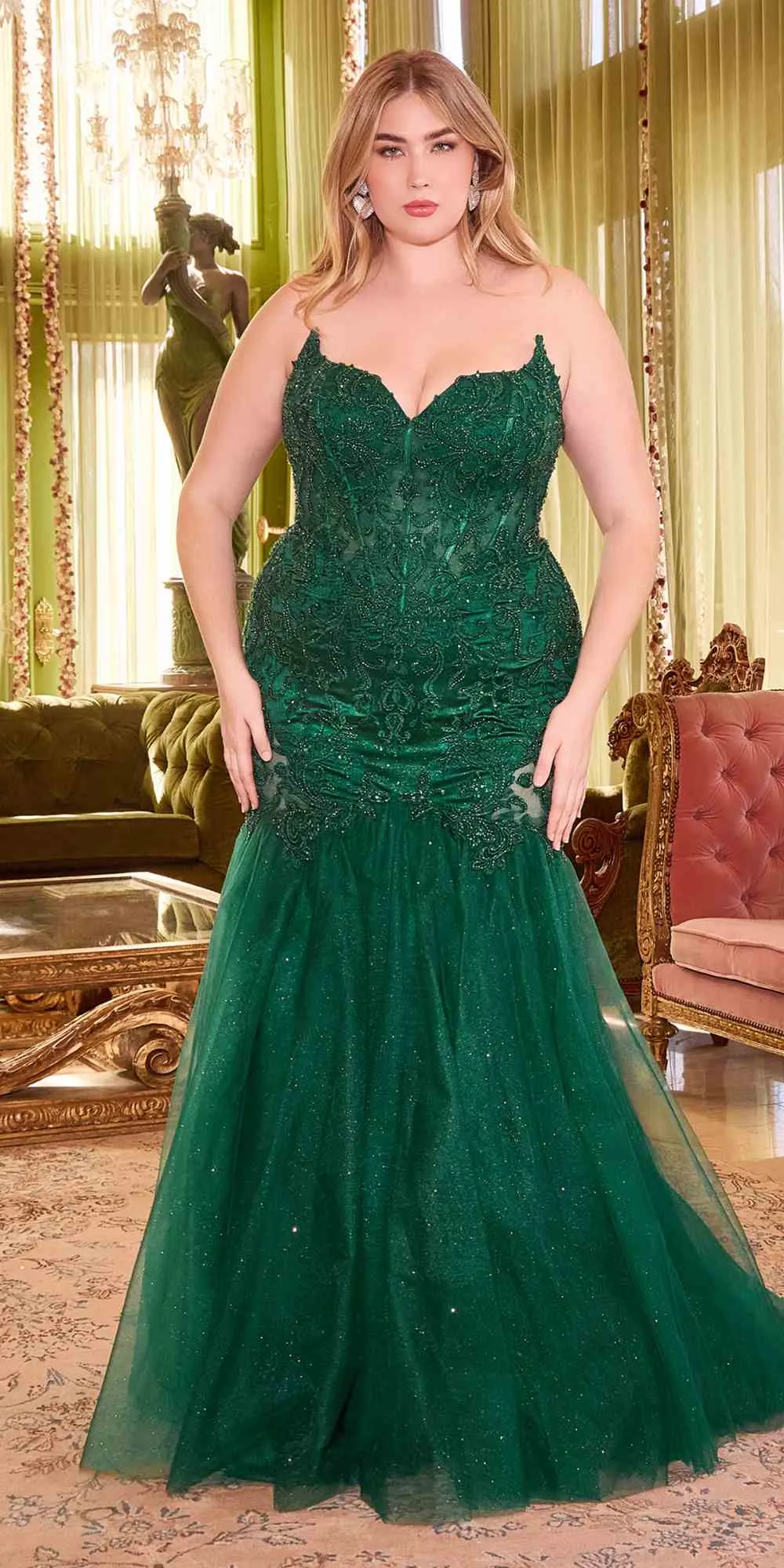 Ladivine CDS482 Long Fitted Strapless Lace and Tulle Mermaid Gown