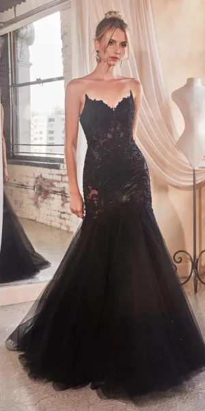 Ladivine CDS482 Long Fitted Strapless Lace and Tulle Mermaid Gown