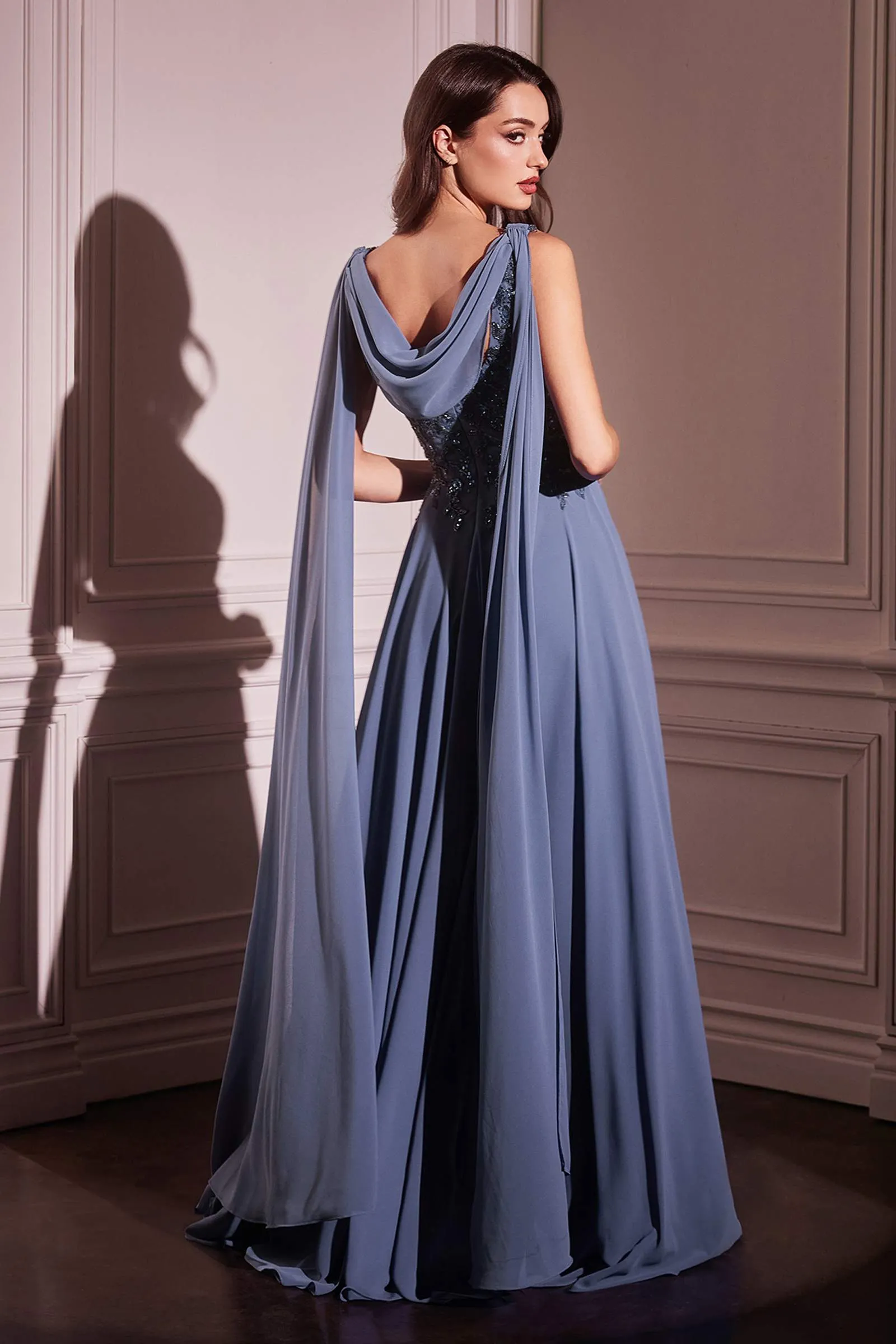 Ladivine CDS509 Dress Chiffon A-Line Gown & Long Cape Sleeves