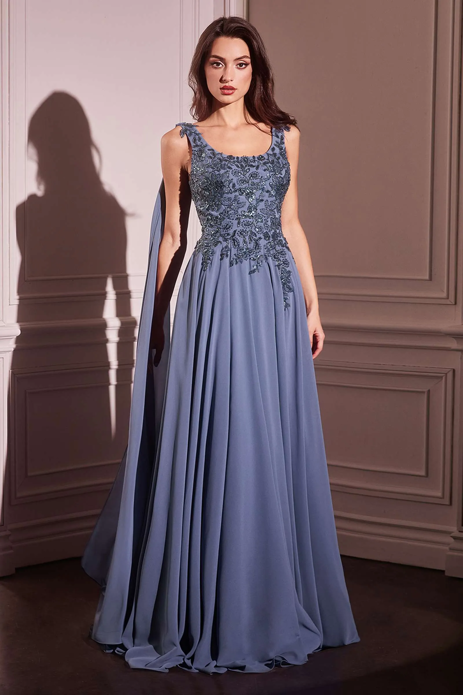 Ladivine CDS509 Dress Chiffon A-Line Gown & Long Cape Sleeves