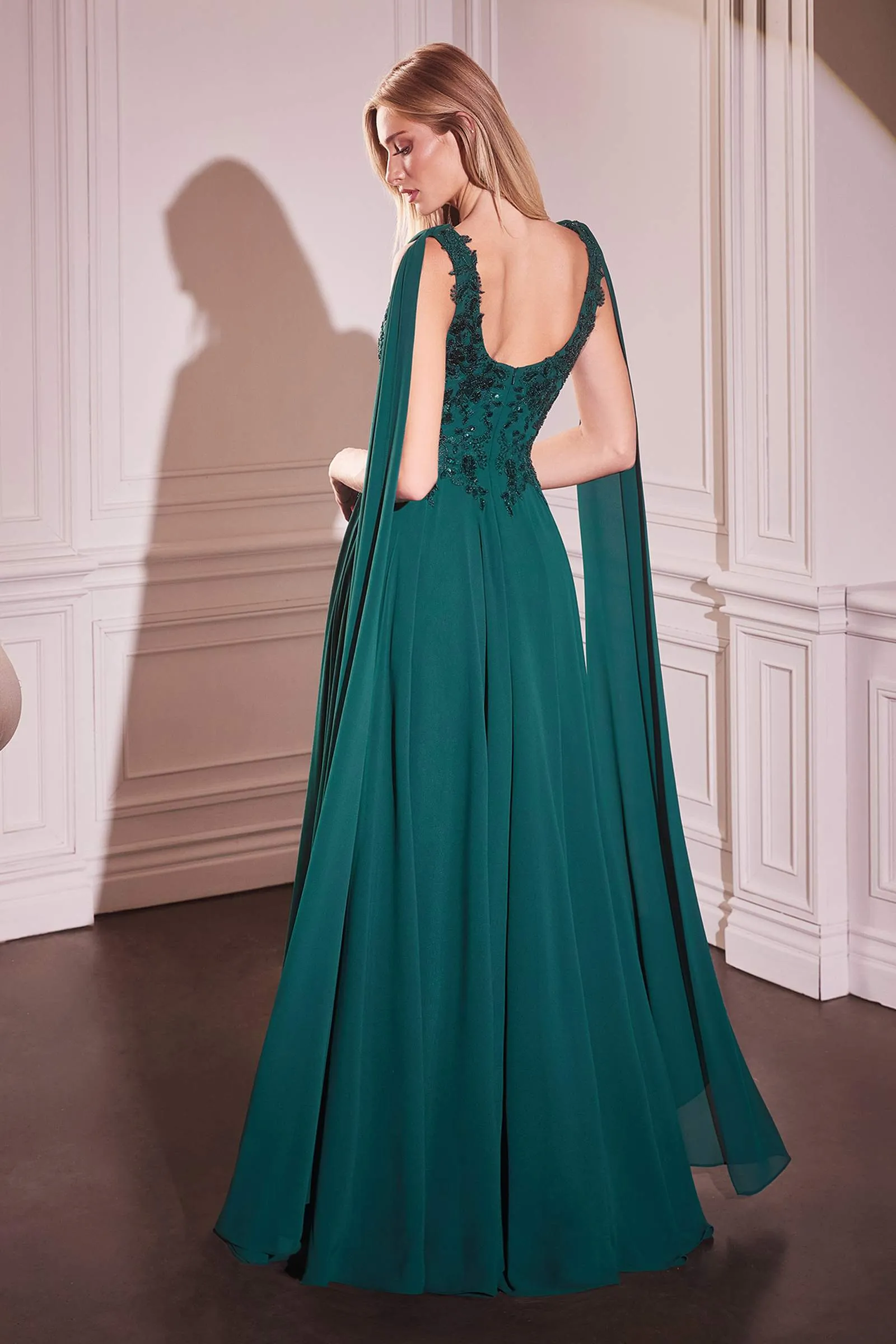 Ladivine CDS509 Dress Chiffon A-Line Gown & Long Cape Sleeves