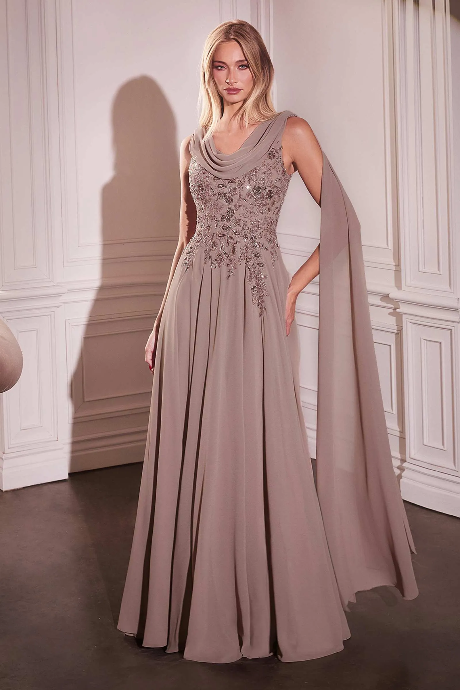 Ladivine CDS509 Dress Chiffon A-Line Gown & Long Cape Sleeves
