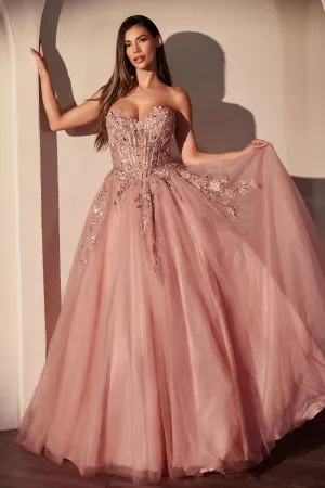 Ladivine CDS536 Strapless Pink Ball Gown With Floral Applique