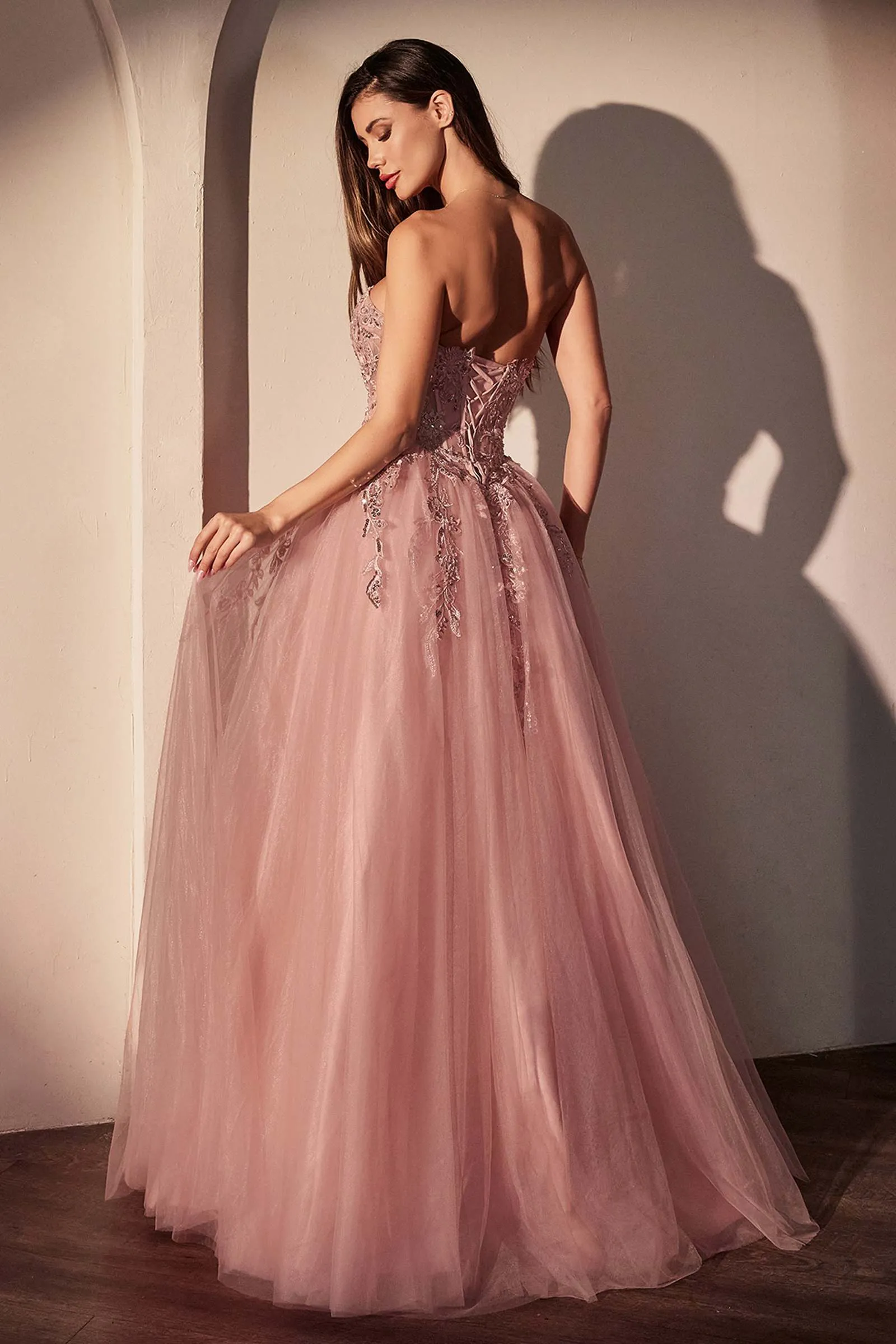 Ladivine CDS536 Strapless Pink Ball Gown With Floral Applique