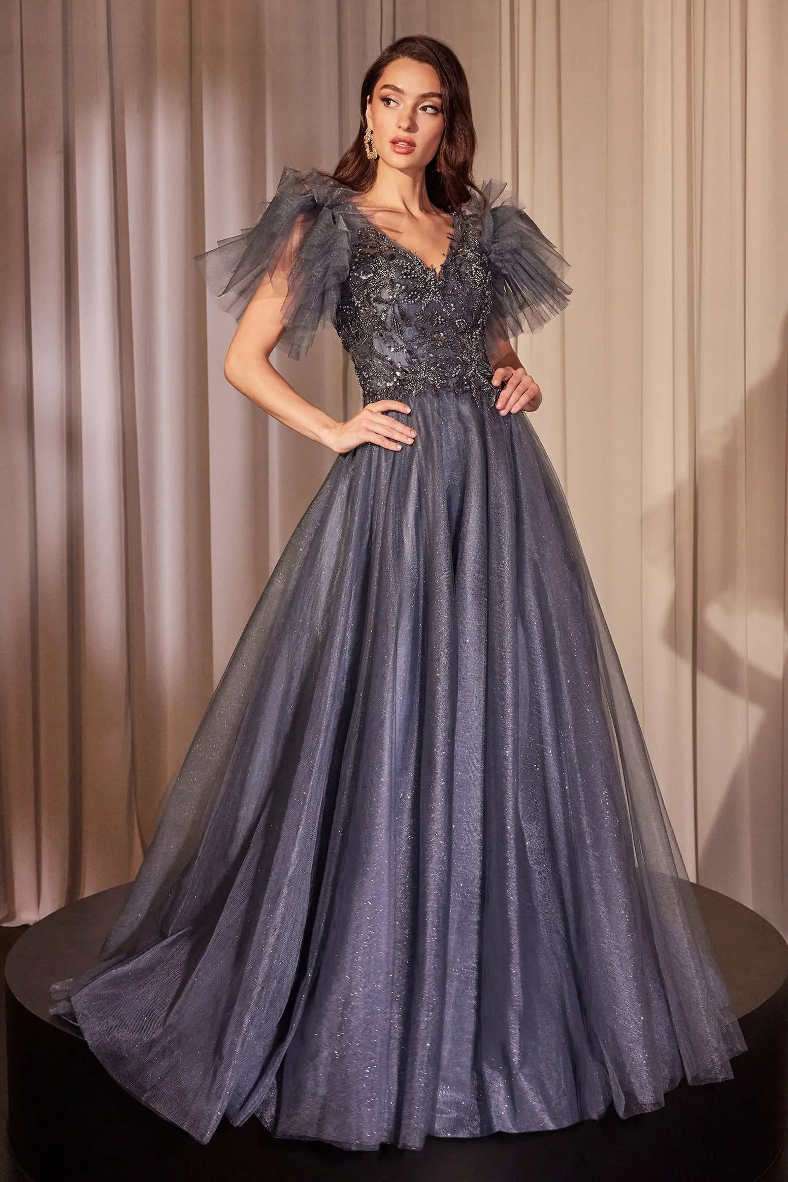Ladivine CM359 Embellished Layered Glitter Tulle A-Line Dress