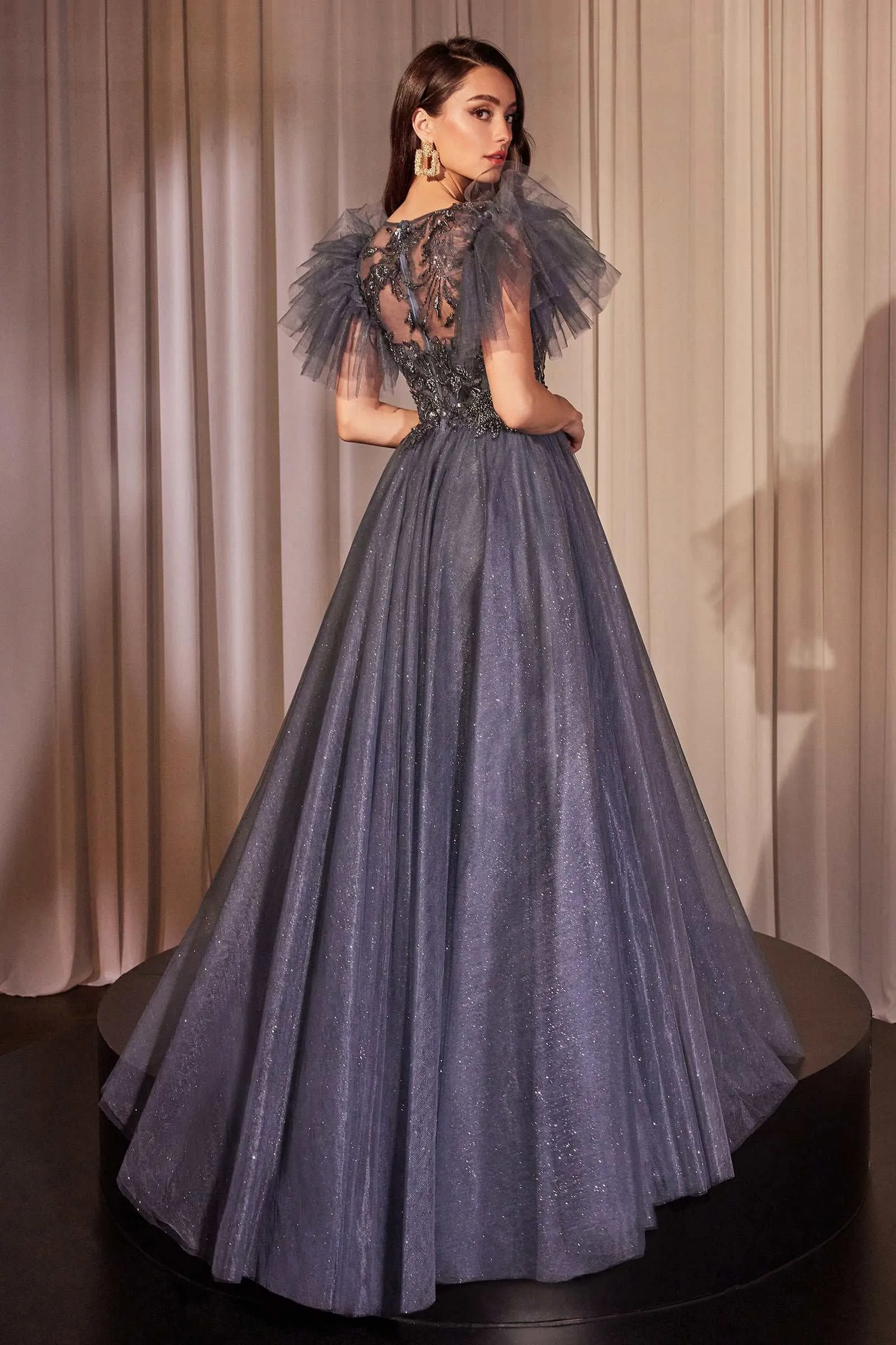 Ladivine CM359 Embellished Layered Glitter Tulle A-Line Dress