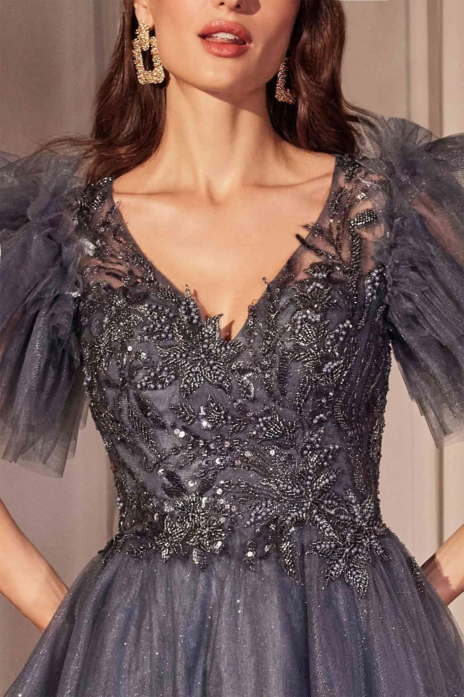 Ladivine CM359 Embellished Layered Glitter Tulle A-Line Dress
