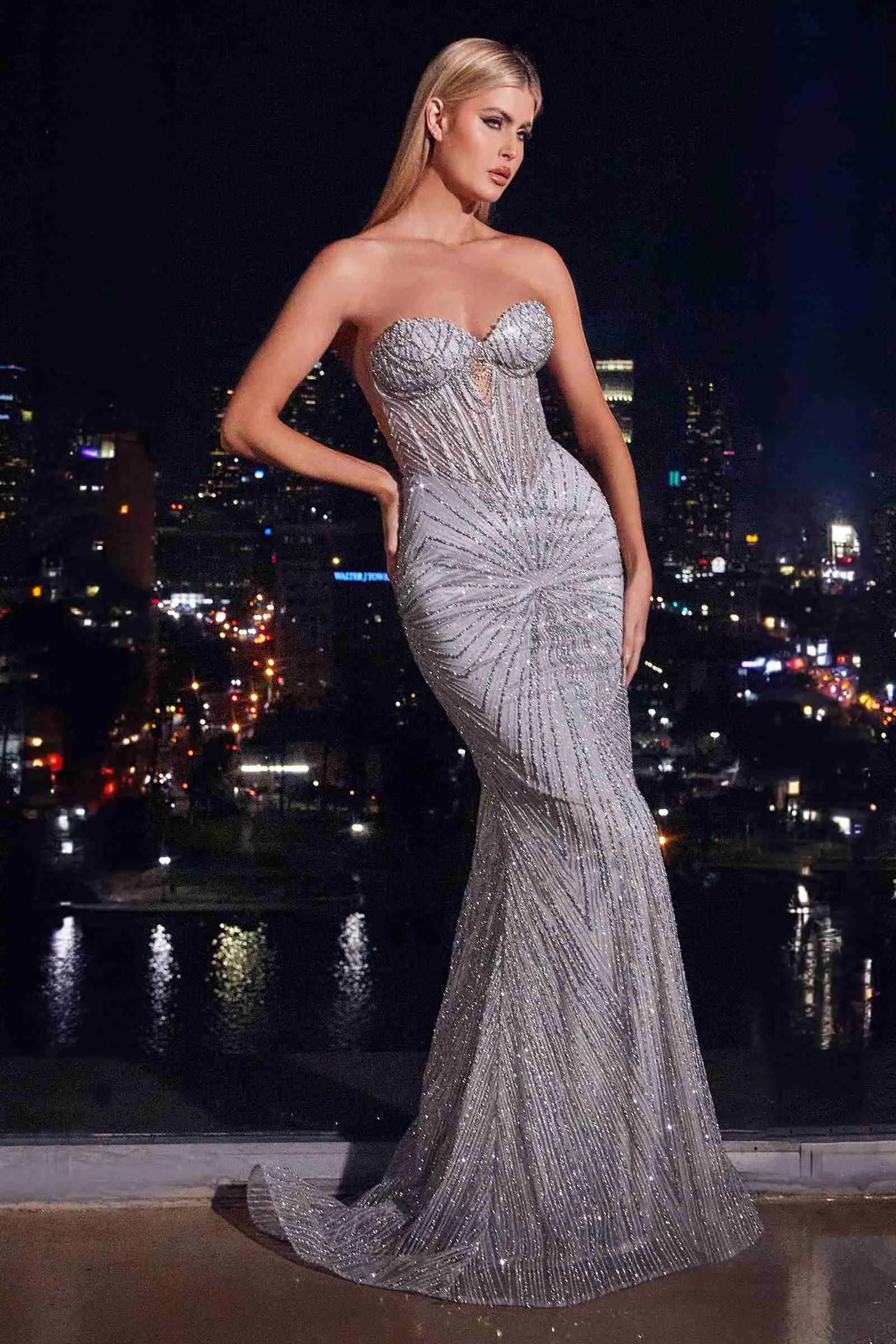 Ladivine J871 Long Sultry Fitted Strapless Embellished Gown