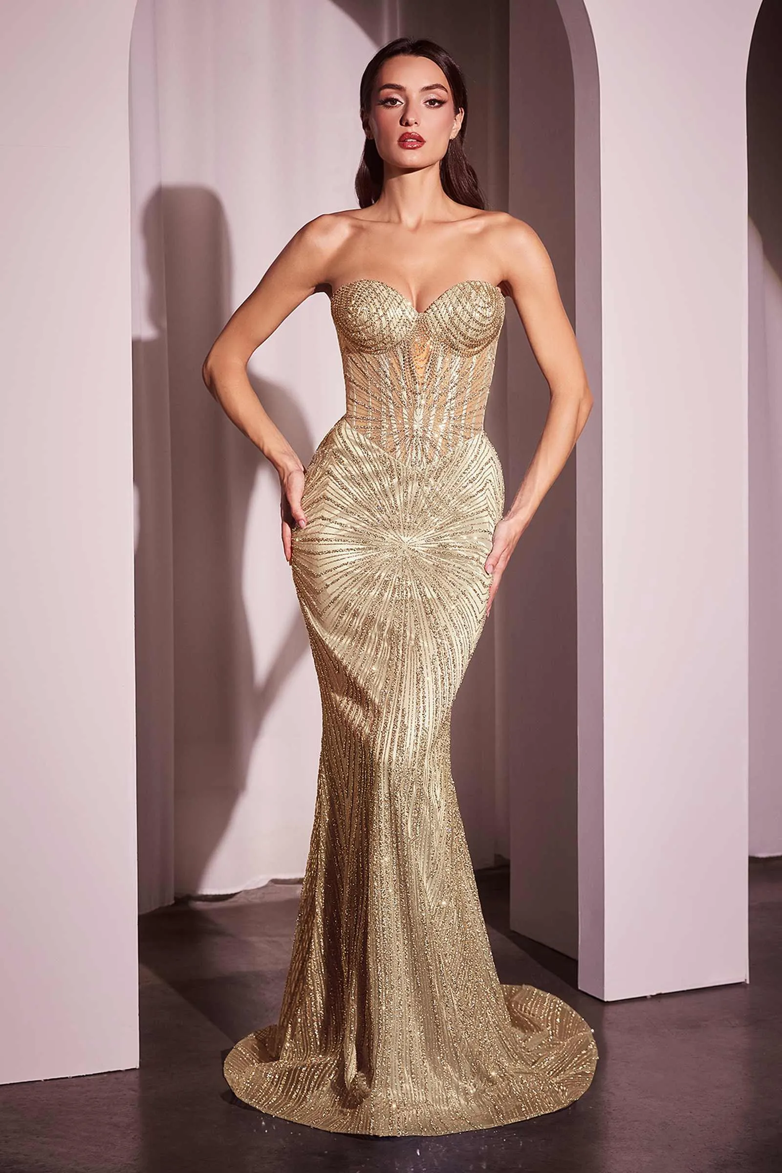 Ladivine J871 Long Sultry Fitted Strapless Embellished Gown