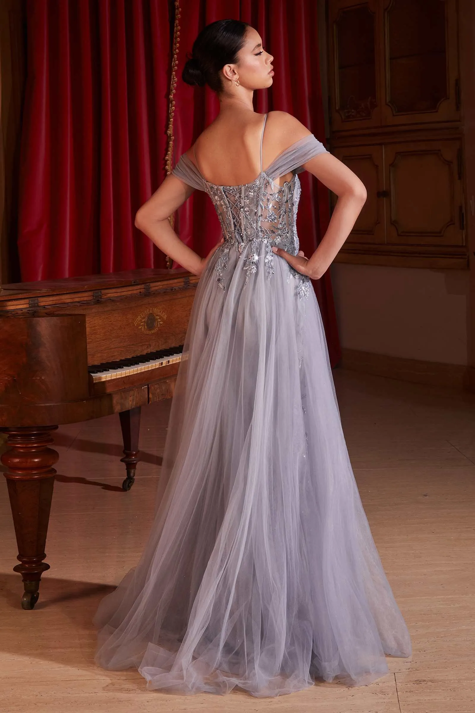 Ladivine SF009 Long Embellished Off The Shoulder Fitted Lace Gown