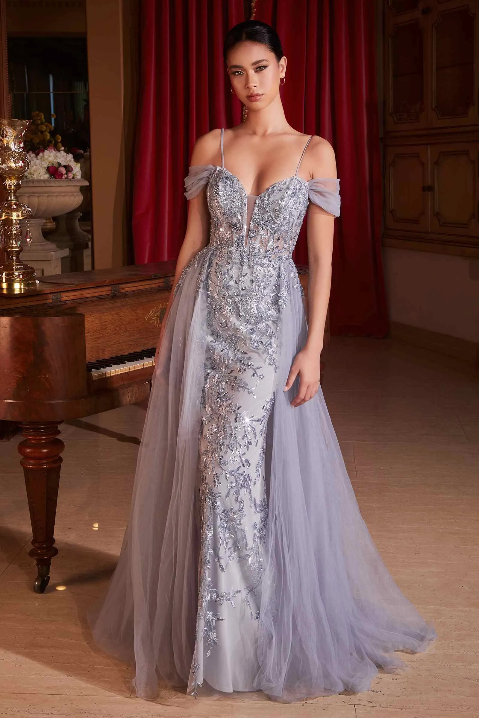 Ladivine SF009 Long Embellished Off The Shoulder Fitted Lace Gown