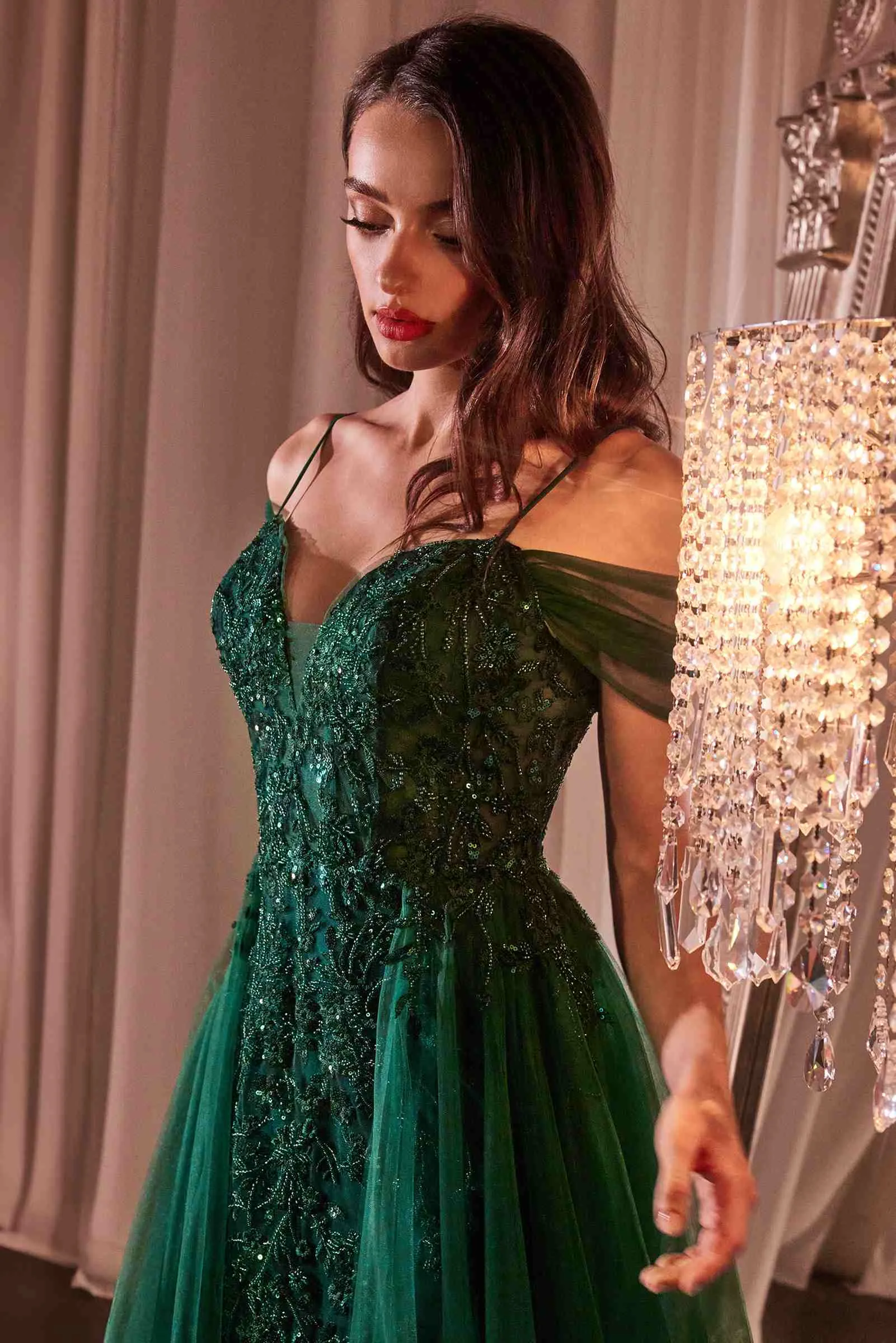 Ladivine SF009 Long Embellished Off The Shoulder Fitted Lace Gown