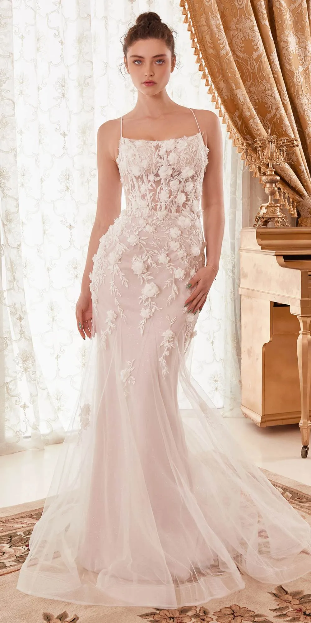 Ladivine WN310 Long Fitted Mermaid 3D Floral Bridal Gown Square Neck